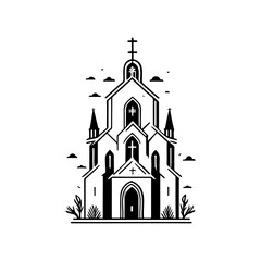 Elegant monochrome church facade illustration against a crisp white backdrop