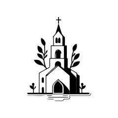 Elegant monochrome church illustration with botanical accents and distinct linework