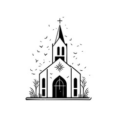 Elegant monochrome illustration of a church with birds and nature elements around
