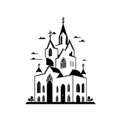 Majestic gothic church silhouette illustration against bright white backdrop
