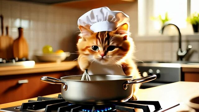 Ginger Cat Cooking with Chef's Hat Stirring Pot on Stove