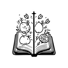 Illustrated tale of nature's bounty sprouting forth from an open book