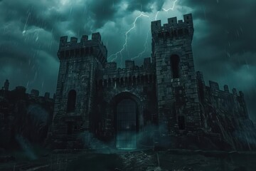 Fototapeta premium Moody castle fortress stormy sky background