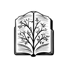 Open book featuring silhouetted arboreal form, conveying concepts of knowledge growth