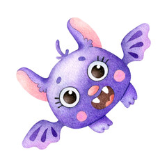 Cute purple bat. Funny cartoon character for children's Halloween.  Hand drawn watercolor illustration isolated on white background.