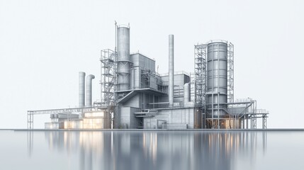 Modern industrial facility with pipelines and large storage units reflecting on water.