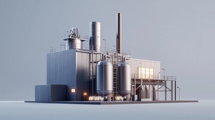 Modern industrial factory with metallic structures and efficient machinery.
