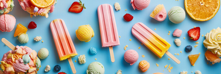 Summer background of ice cream, lollipops and other summer sweets, decorated with bright flowers and creating a light, airy atmosphere.