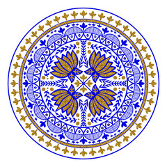 Elegant mandala vector featuring blue floral motifs and gold glitter accents, perfect for textiles, carpet, print, decor, backgrounds, and digital art.
