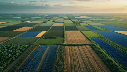 Aerial view of diverse farmlands with varied crops and fields under a cloudy sky