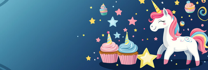 Cartoon colorful with unicorns, stars, and cupcakes, a magical birthday celebration