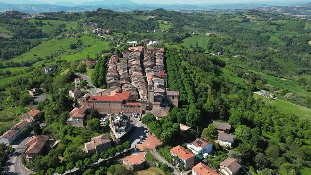 aerial view of the village of Saludecio in the province of Rimini. The village transmits peace and tranquility and has a spectacular view of Romagna and the Adriatic Sea