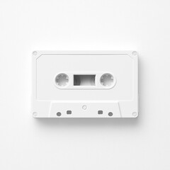 Obraz premium A clean, white cassette tape centered on a seamless white background. Minimalist concept ideal for graphic design, text overlays, and retro-themed layouts. High-key lighting and flat composition.