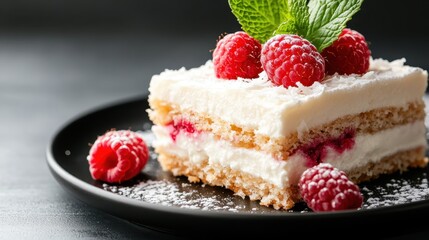 This image showcases a beautifully layered raspberry cream cake adorned with fresh raspberries and mint leaves, perfect for dessert lovers and special occasions.
