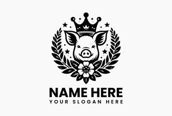 Cute pig wearing royal crown surrounded by floral wreath in whimsical vector logo design, symbolizing charm, happiness, and rustic elegance for playful branding  