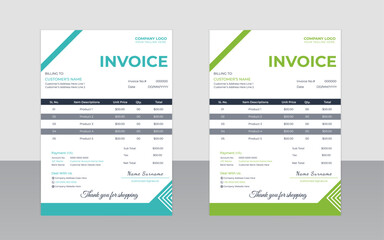 Professional Invoice Template with Modern Minimal Design – Teal and Green Color Variations for Business Use