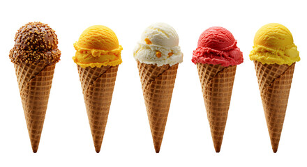 A visually appealing image showcasing five ice cream cones filled with various flavors: chocolate with nuts, mango, vanilla with pieces, strawberry, and a yellow flavor