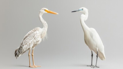 Obraz premium Two elegant herons stand side by side against a neutral background, showcasing nature's beauty.
