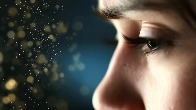 A close-up of a woman&rsquo;s teary, irritated eyes as she sneezes, with an extreme macro view of airborne pollen grains highlighted in the background.