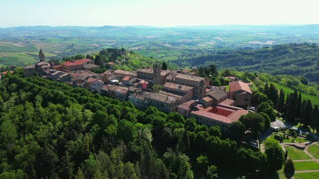 aerial view of the village of Saludecio in the province of Rimini. The village transmits peace and tranquility and has a spectacular view of Romagna and the Adriatic Sea