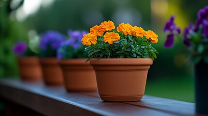 Harmonious bloom arrangement of potted flowers on a wooden railing
