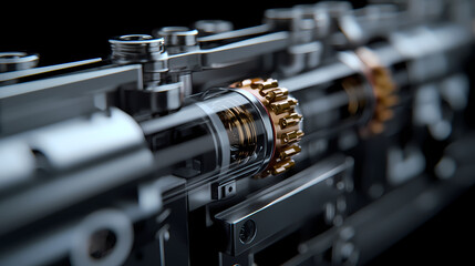 Naklejka premium A close-up view of intricate metallic gears and mechanical components in a high-tech machine.