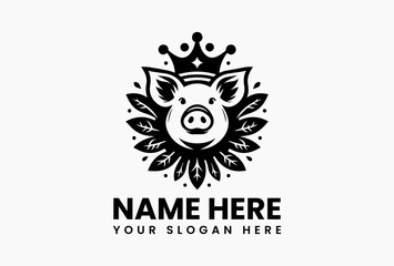 Elegant pig vector logo featuring floral crown and royal headpiece, a refined and stylish design perfect for boutique farm, organic, or beauty branding  