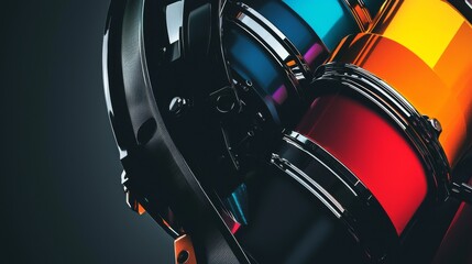 Vibrant color paint cans arranged creatively against a dark background.