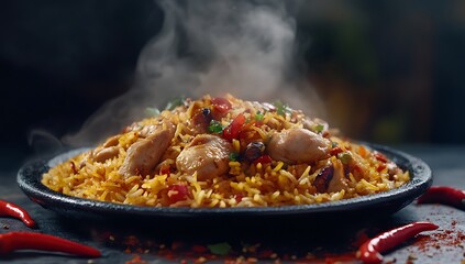 A plate of chicken biryani with spiced rice, spices and muscular pieces on the side