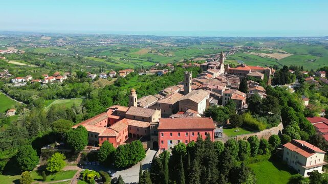 aerial view of the village of Saludecio in the province of Rimini. The village transmits peace and tranquility and has a spectacular view of Romagna and the Adriatic Sea