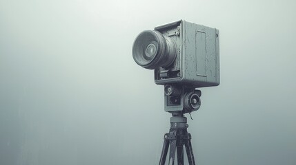 Naklejka premium Vintage camera on tripod with foggy background, showcasing classic photography equipment.