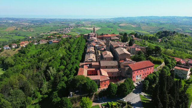 aerial view of the village of Saludecio in the province of Rimini. The village transmits peace and tranquility and has a spectacular view of Romagna and the Adriatic Sea