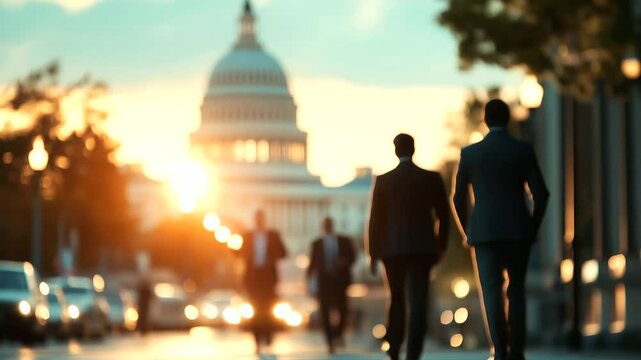 A soft-focus image of a political debate occurring near the Capitol, with blurred figures indicating the fluid nature of political discourse and decision-making.