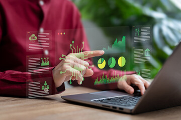 AI, Intelligent Agents system with ESG, Environment, Society and governance concept, Women use AI to generate and analyse green business management, Net zero, Investment strategy, Green economy, Co2