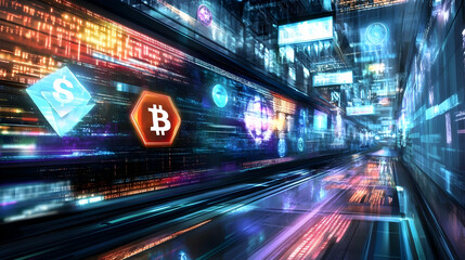 Dynamic visualization of digital currency in a futuristic technological landscape