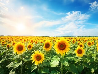 Obraz premium 51. A bright sunflower field stretching toward the horizon under a blue sky