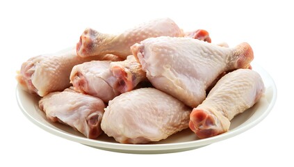 A plate of raw chicken meat, cut into pieces and placed on a table, with a white background