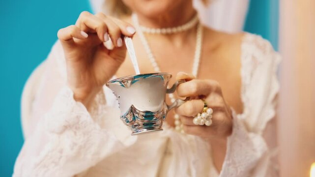 Body part close-up hand stirring sugar with teaspoon in cup with hot drink tea coffee. woman queen sitting at dinner table. Fantasy Girl princess having breakfast Victorian style room, vintage dress