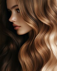 Naklejka premium Beautiful wavy hair close up, glossy wavy hair close up showing natural shine and volume. Profile of a woman with beautiful flowing hair.