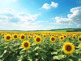 Obraz premium 51. A bright sunflower field stretching toward the horizon under a blue sky