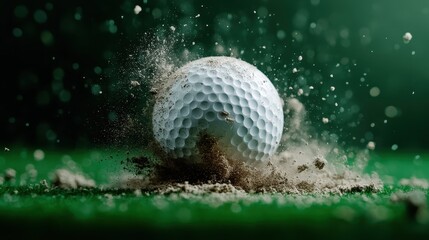 A close-up capture of a golf ball striking the turf, causing an explosive spray of dirt and grass, vividly illustrating the energy and power involved in the sport of golf.