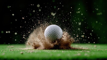 A striking image of a golf ball bursting from the ground, creating a spectacular splash of dust and particles in a vivid green environment, emphasizing action and precision.
