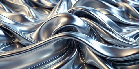 Abstract Liquid Metal Texture: Shiny Silver Waves on White Background