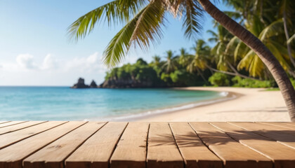 Fototapeta premium Empty wooden table top with a blurred tropical beach background for product display