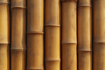 Bamboo stalks arranged vertically creating a natural texture in a warm yellow hue during daylight