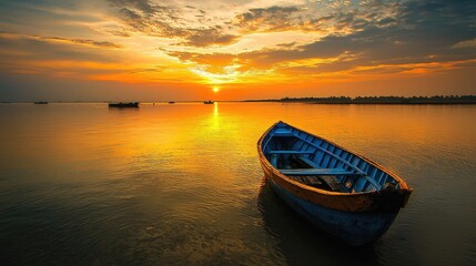 Peaceful sunset over calm water with a lone boat.