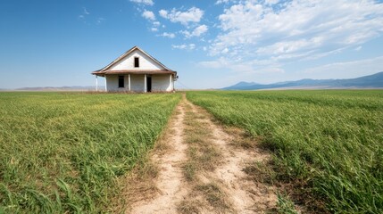 Obraz premium A striking image of an abandoned house standing alone amidst a sprawling green field, capturing a sense of isolation and longing for the past under an expansive sky.