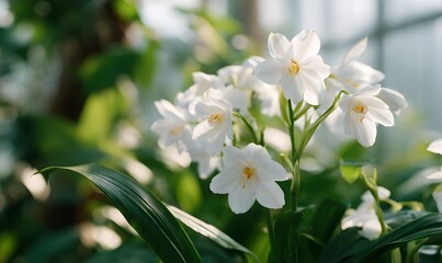 Obraz premium Multiple Eucharis flowers in full bloom growing in a bright greenhouse with lush green foliage, Generative AI