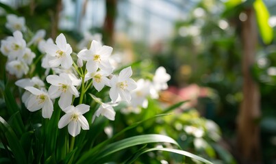 Fototapeta premium Multiple Eucharis flowers in full bloom growing in a bright greenhouse with lush green foliage, Generative AI