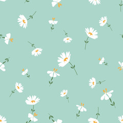 Seamless pattern with daisies and wild flower on green background vector.